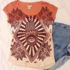 Lucky Brand Orange and Cream Graphic Cap Sleeve Tee